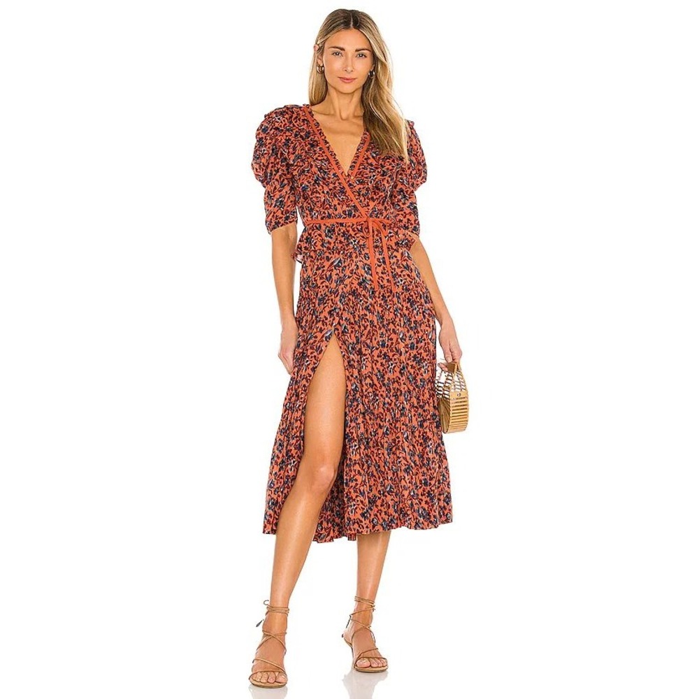 Ulla Johnson Lisette Rust Blue Floral Puff Sleeve Ruffle Wrap Midi Dress